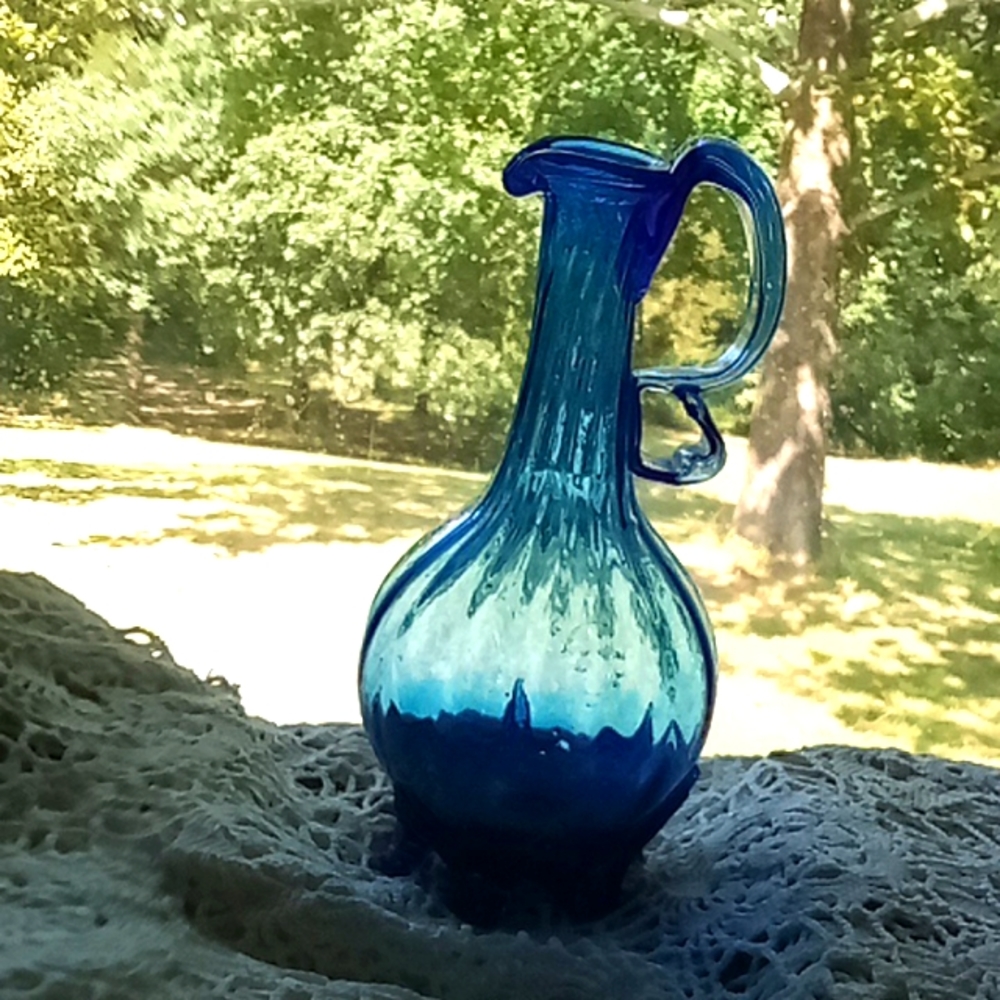 Beautiful Italian blown glass blue swirled  pitcher or vase